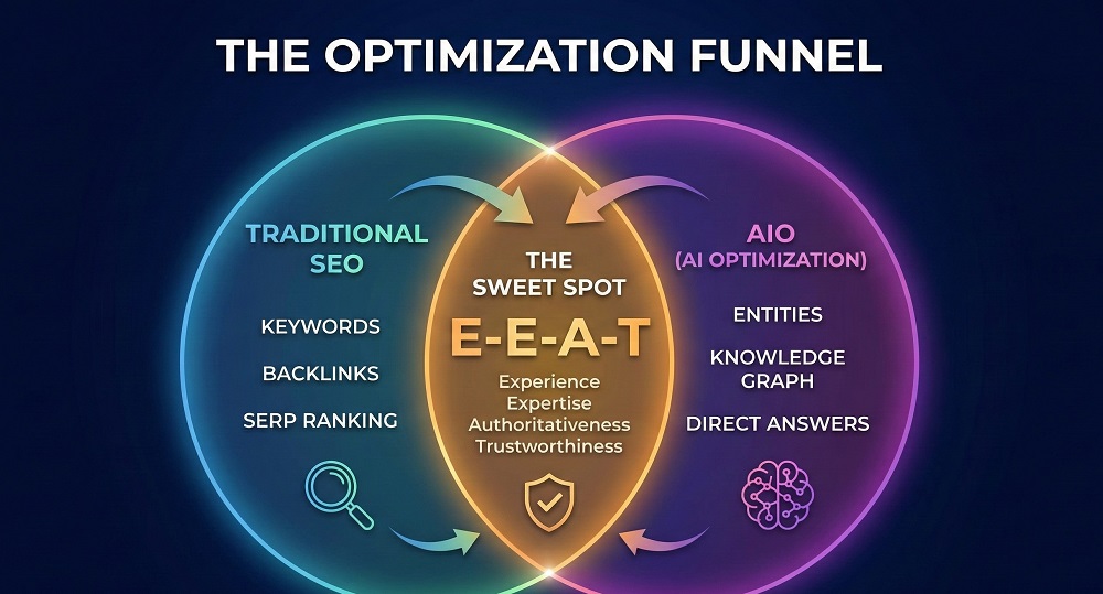 AIO vs. Traditional SEO: The Shift from Keywords to Concepts (2026 Guide) 3 The Optimization Funnel. A Venn Diagram showing SEO (Keywords) intersecting with AIO (Entities) to create the Sweet Spot (E-E-A-T)