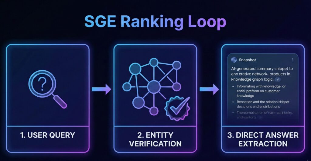Diagram of the "SGE Ranking Loop" showing Query -> Entity Verification -> Direct Answer Extraction