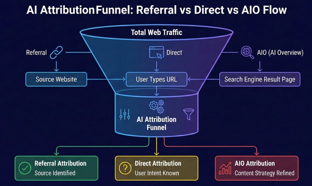 Data flow diagram showing AI Attribution Funnel – Referral vs Direct vs AIO