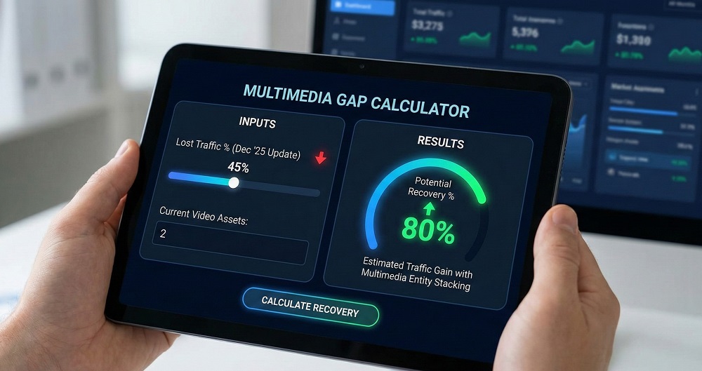 Interactive "Multimedia Gap" Calculator concept showing "Lost Traffic %" vs. "Potential Recovery %".