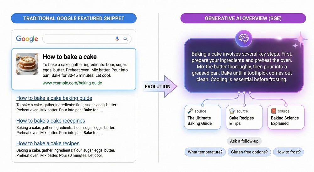 Split-screen comparison illustration showing the structural evolution from Google Featured Snippets (left) to Generative AI Overviews (right)
