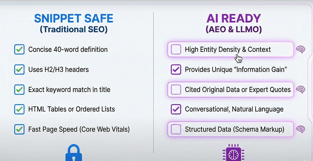 Interactive Checklist showing "Snippet Safe" vs "AI Ready" factors