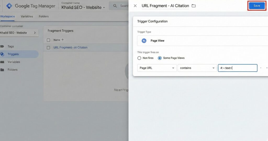GTM interface showing trigger configuration for URL fragments