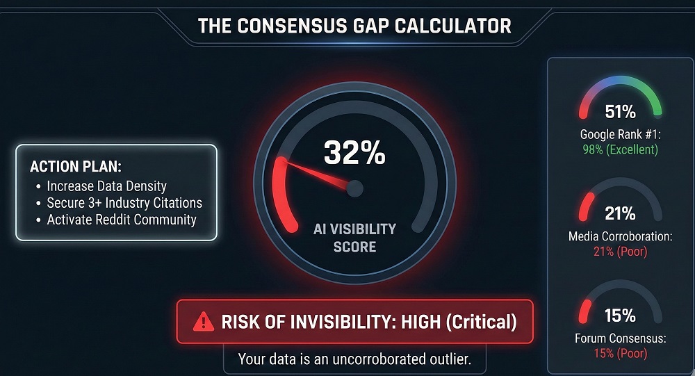  Mockup of "The Consensus Gap Calculator" result screen showing a "Risk of Invisibility" score