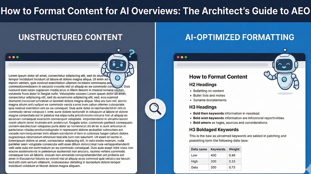 Comparison of unstructured content versus optimized content structure for Google AI Overviews