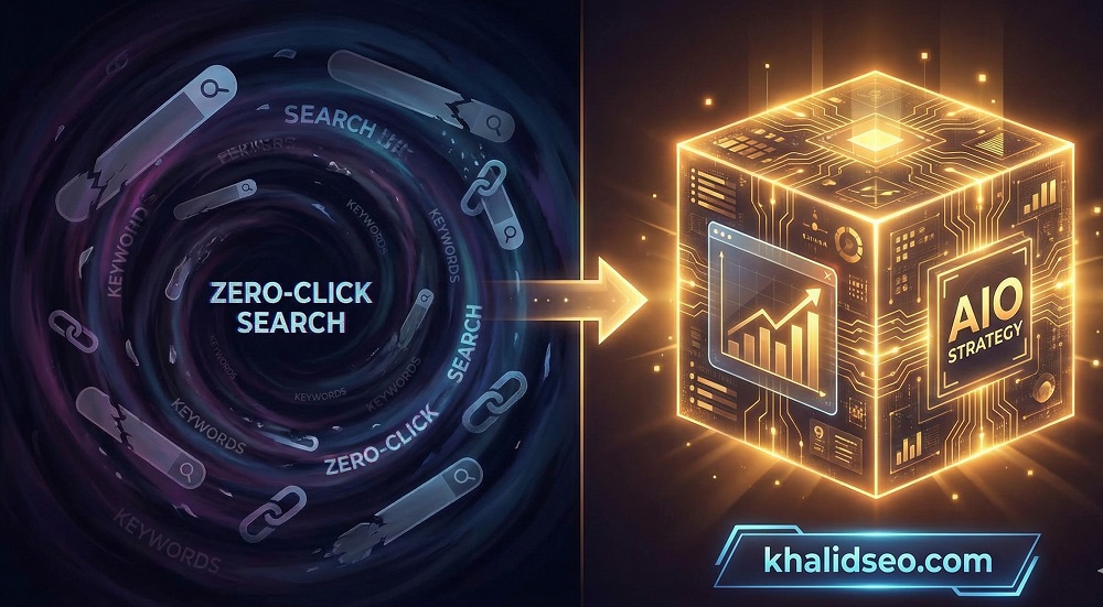 Surviving Zero-Click Searches: The AIO Strategy for 2026 5 Khalid SEO strategy for surviving zero-click searches showing the transition from traditional links to AI-driven answer engine optimization