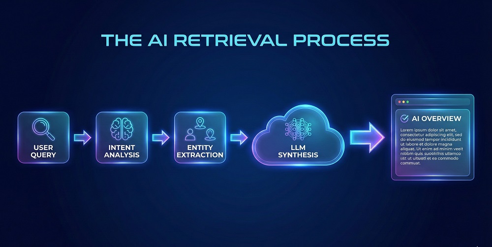 AIO vs. Traditional SEO: The Shift from Keywords to Concepts (2026 Guide) 2 The Retrieval Process showing the flow from User Query -> Intent Analysis -> Entity Extraction -> LLM Synthesis -> AI Overview
