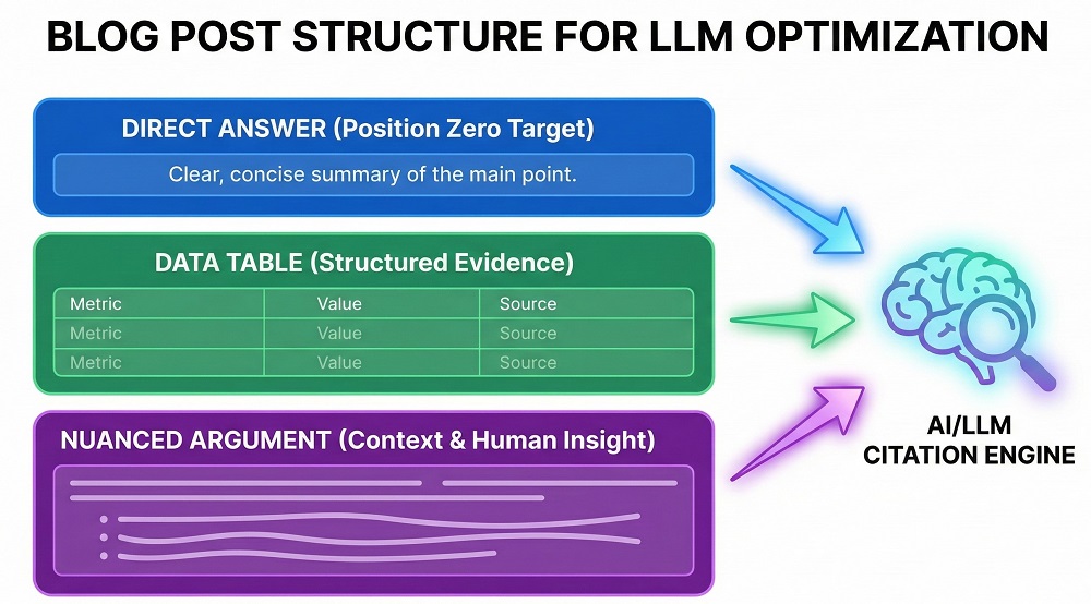 Surviving Zero-Click Searches: The AIO Strategy for 2026 2 Visual breakdown of a blog post structure highlighting where to put the "Direct Answer", the "Data Table", and the "Nuanced Argument" to maximize LLM citation