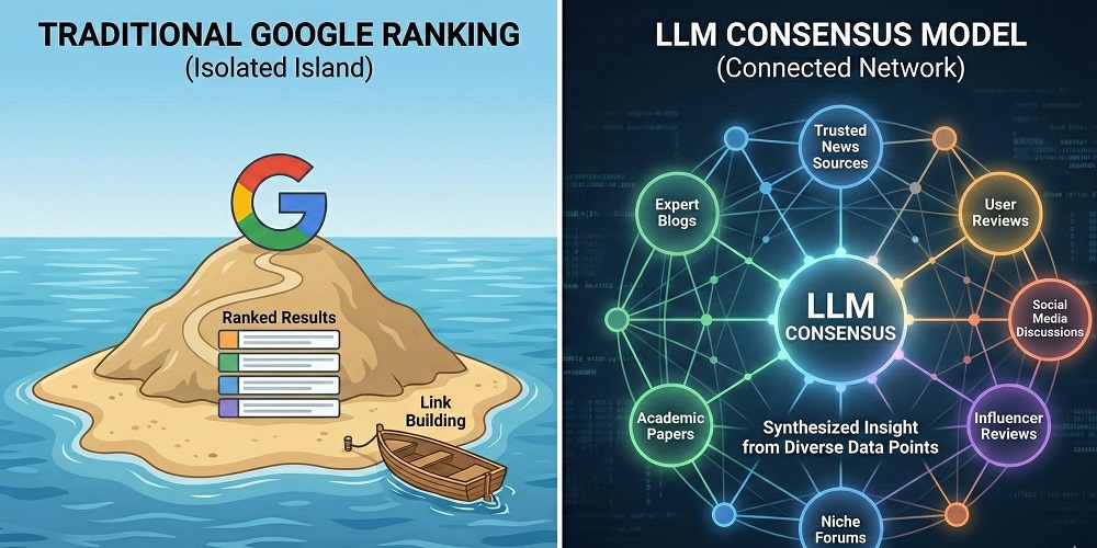 Comparison of traditional Google ranking on an isolated island versus LLM consensus model connecting multiple data sources