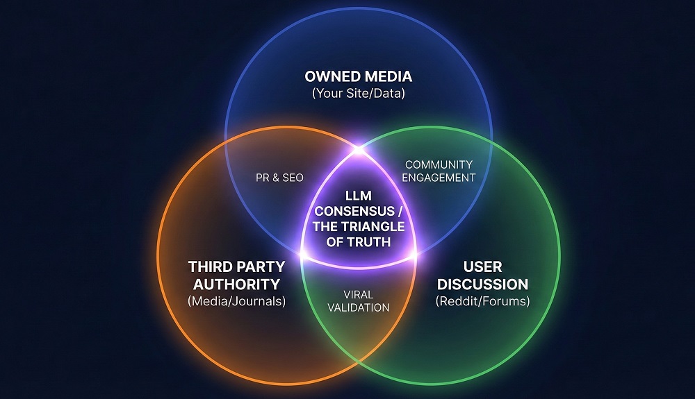 Venn diagram showing intersection of owned media, third party authority, and user discussion