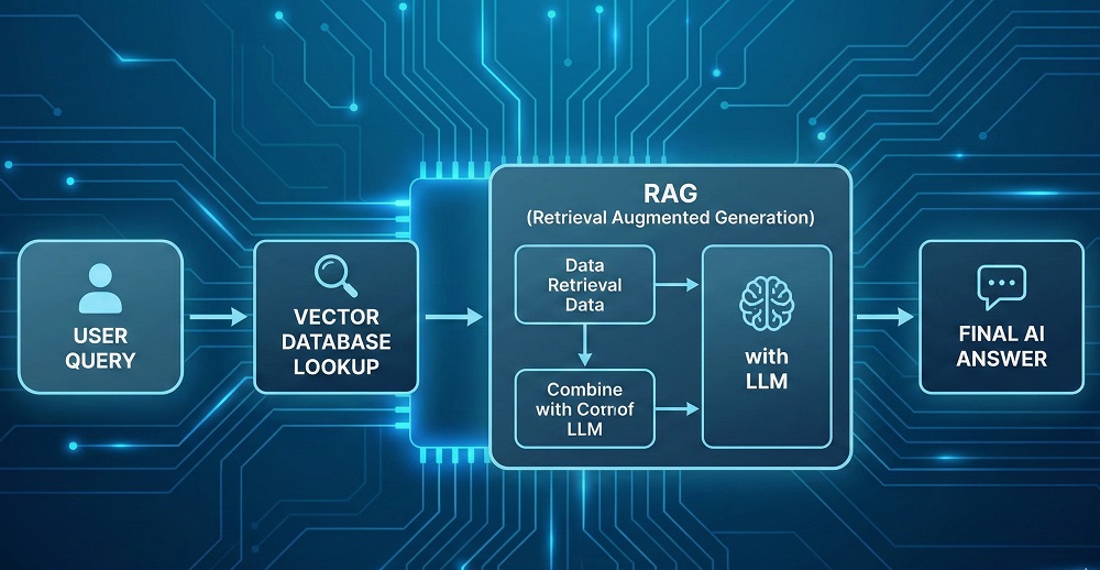 A flowchart showing the journey of a user query -> Vector Database lookup -> RAG (Retrieval Augmented Generation) -> Final AI Answer