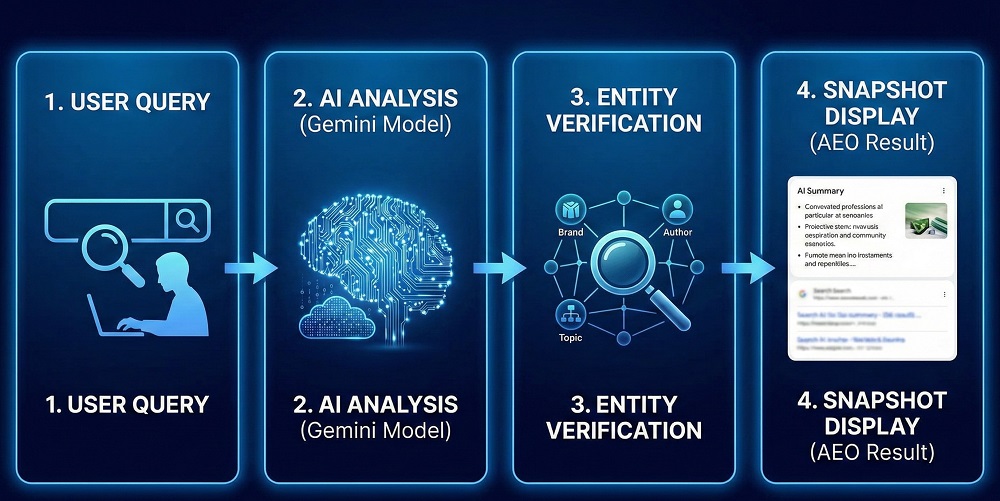 Infographic showing the flow from User Query -> AI Analysis -> Entity Verification -> Snapshot Display
