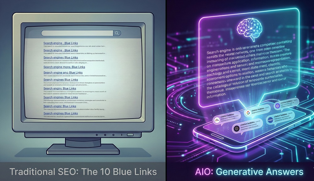 What is AIO SEO? The New Era of Search (And How to Survive It) 7 Split-screen comparison showing traditional 10 blue link search results versus futuristic AI-generated answer summary, illustrating the shift from SEO to AIO.