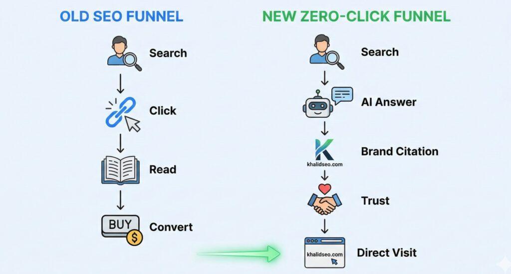 Surviving Zero-Click Searches: The AIO Strategy for 2026 1 Flowchart comparing the Old Funnel (Search -> Click -> Read -> Convert) vs. the New Zero-Click Funnel (Search -> AI Answer -> Brand Citation -> Trust -> Direct Visit)