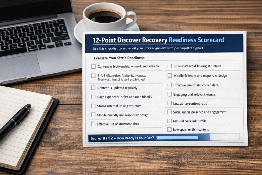 12-point Discover recovery readiness scorecard infographic showing a checklist to audit website quality, E-E-A-T signals, technical performance, and content standards after a Google Discover update.
