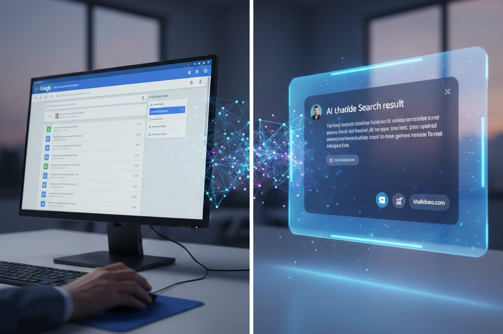 Stop Losing Traffic: Why My Website is Not Showing in AI Search 2 Diagram representing Generative Engine Optimization (GEO) and the evolution of search. Left: Traditional SERP indexing. Right: Conversational AI interface and Large Language Model (LLM) citation window for khalidseo.com, illustrating how modern search engines retrieve and display website data.