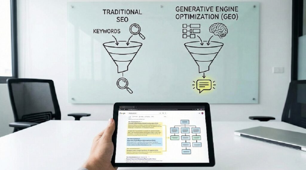 A whiteboard diagram comparing a traditional SEO keyword funnel to Generative Engine Optimization (GEO) using AI and structured data, viewed behind a tablet displaying an entity architecture chart