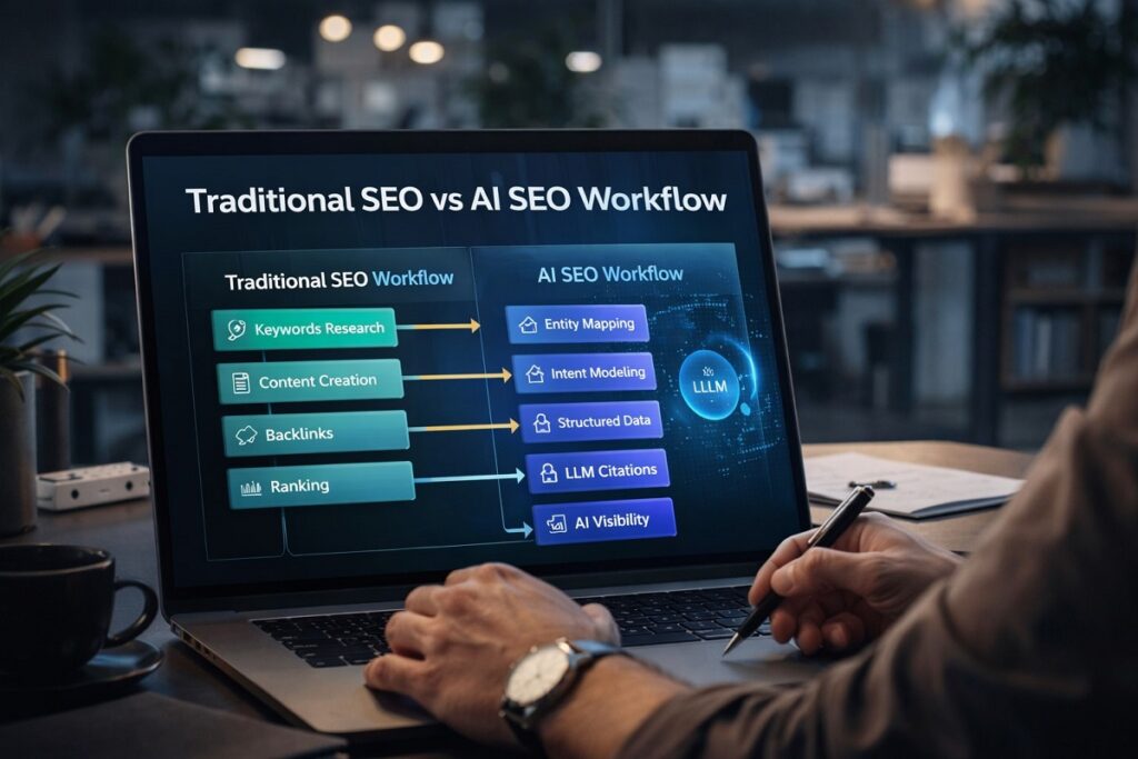 Stop Losing Traffic to AI Summaries: Hire an AI SEO Specialist 2 Close-up of professional reviewing AI SEO workflow including entity mapping, structured data, and LLM citations on laptop display