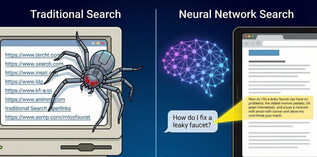 A split-screen illustration. On the left, a traditional crawler (spider) scanning a list of blue links. On the right, a futuristic "neural network" node connecting a user's conversational question directly to a highlighted paragraph on a webpage
