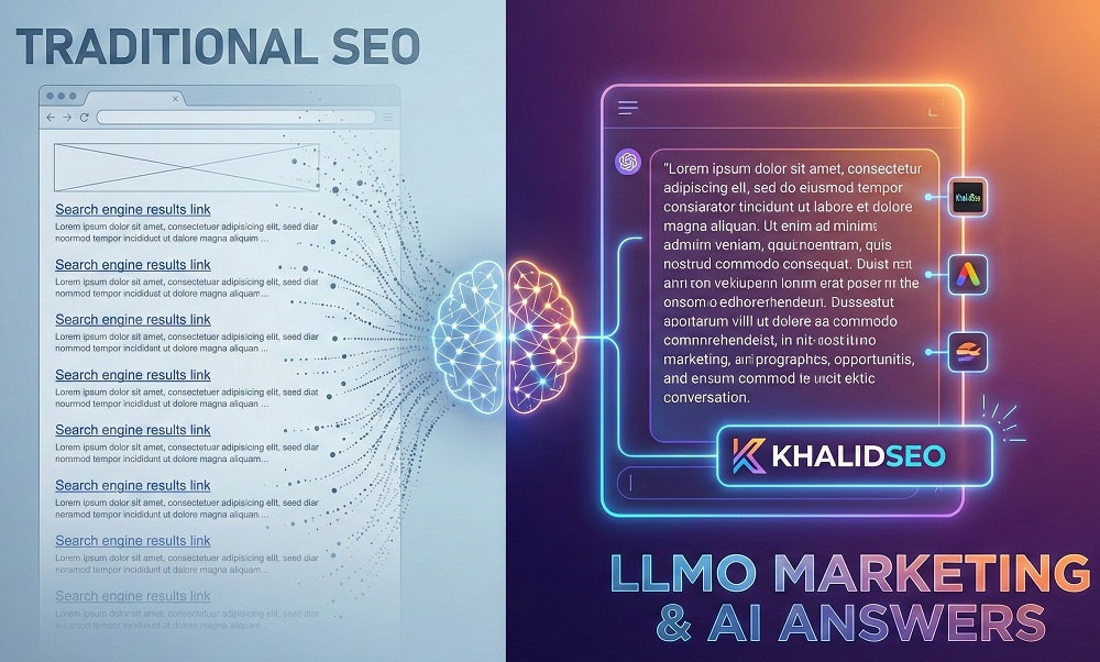 Split-screen illustration. Left: Traditional Google 10-blue-links SERP fading out. Right: Glowing AI chat interface providing a direct answer with brand logos as citations