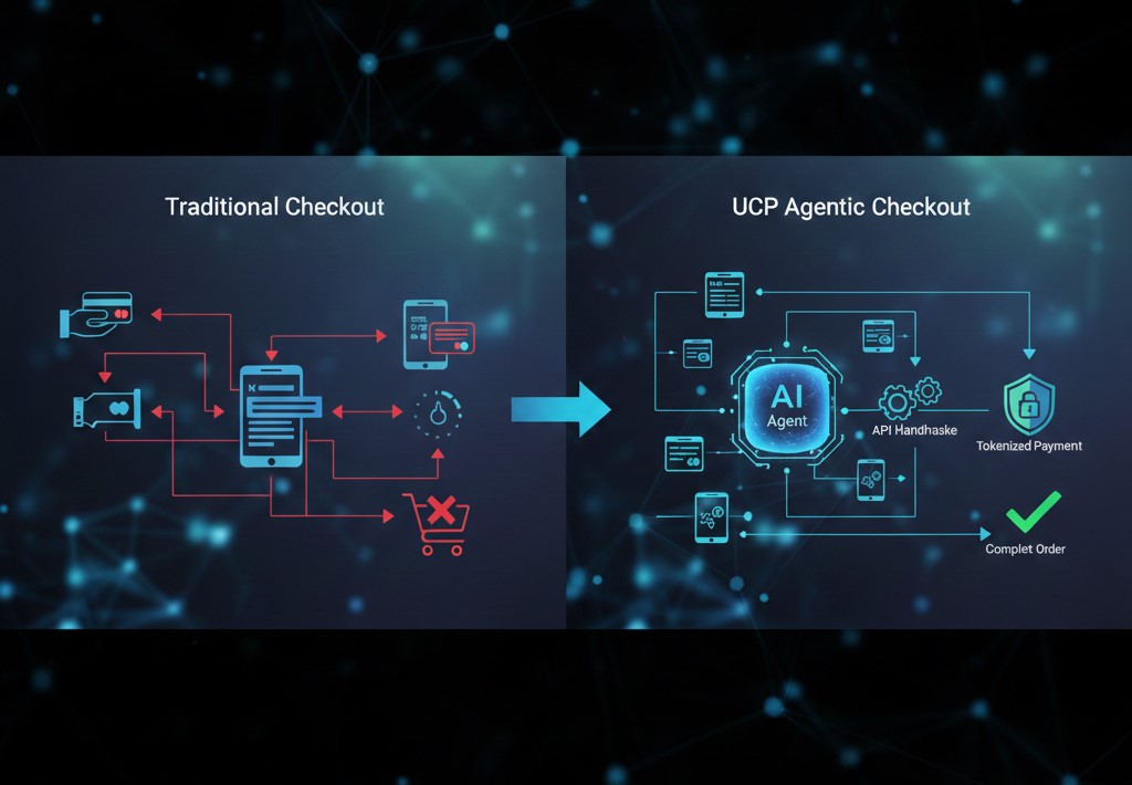 Infographic comparing Traditional Checkout vs. UCP Agentic Checkout. The traditional side shows a complex, red-lined manual process with cart abandonment. The UCP side illustrates a streamlined blue flow featuring an AI Agent, API handshakes, tokenized payments, and a successful completed order.