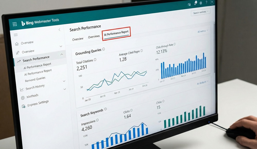 Image of Bing Webmaster Tools AI performance report dashboard metrics showing the separation of 'Grounding Queries' from standard search keywords
