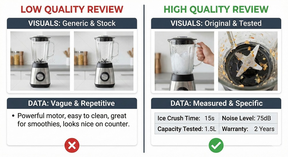 Infographic comparing a 'Low Quality' review with stock photos vs. a 'High Quality' review with original testing photos and data tables