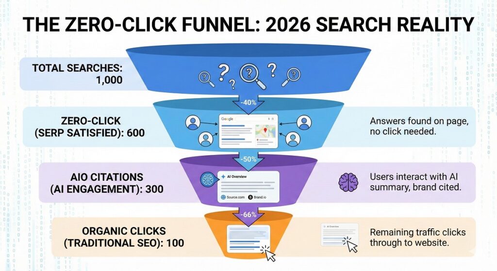 Infographic – The Zero-Click Funnel. Visualizing the drop-off 1,000 searches - 600 Zero-Click - 300 AIO Citations - 100 Organic Clicks