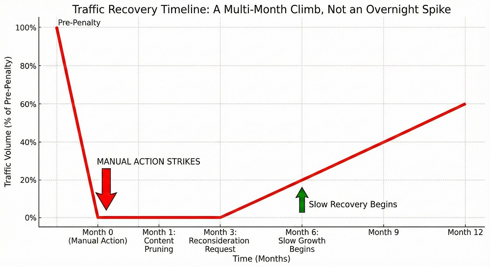 Line Graph showing Traffic Recovery Timeline emphasizing that recovery is a slow, multi-month climb, not an overnight spike