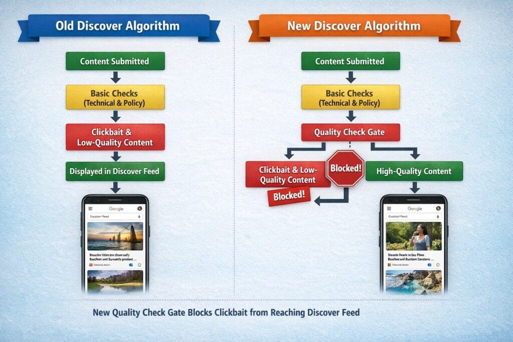 Infographic comparing old vs. new Google Discover algorithm, showing how a new quality check gate blocks clickbait and low-quality content from reaching the Discover feed.