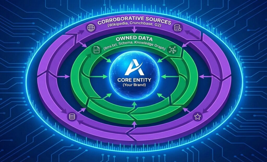 Diagram of The Semantic Fence - Concentric circles showing "Core Entity" locked in by "Owned Data" and "Corroborative Sources"
