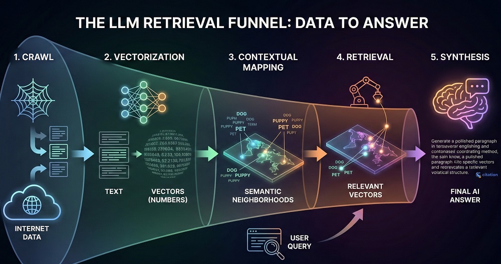 Infographic of the "LLM Retrieval Funnel" showing data moving from Crawl -> Vectorization -> Contextual Mapping -> Retrieval -> Synthesis