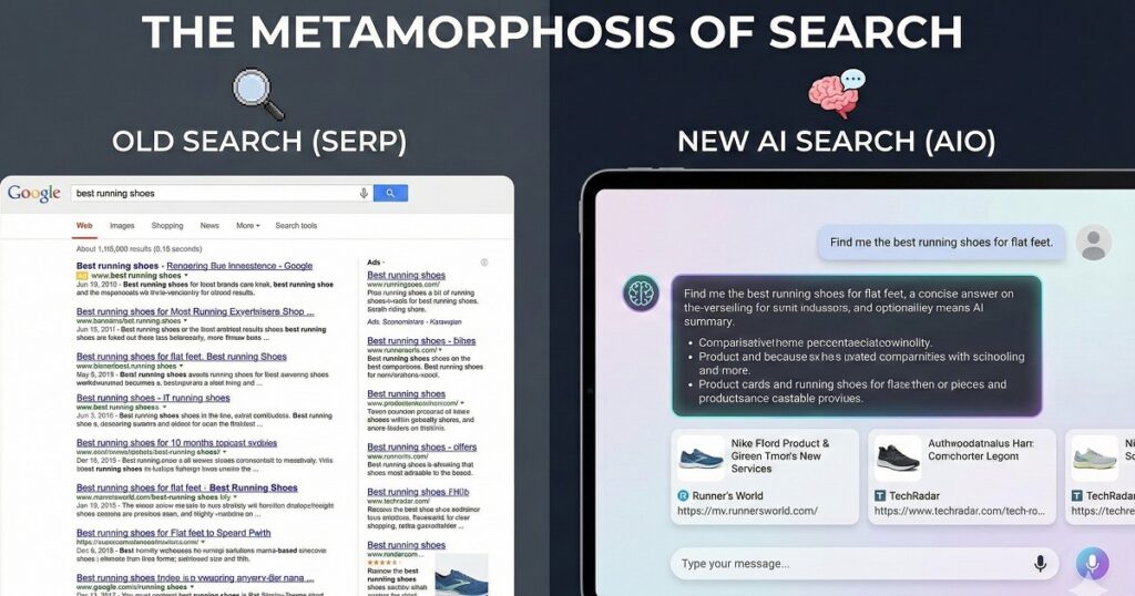 The Metamorphosis of Search. Split screen comparison Old Google (Cluttered Blue Links) vs. New AI Interface (CleanConversational)