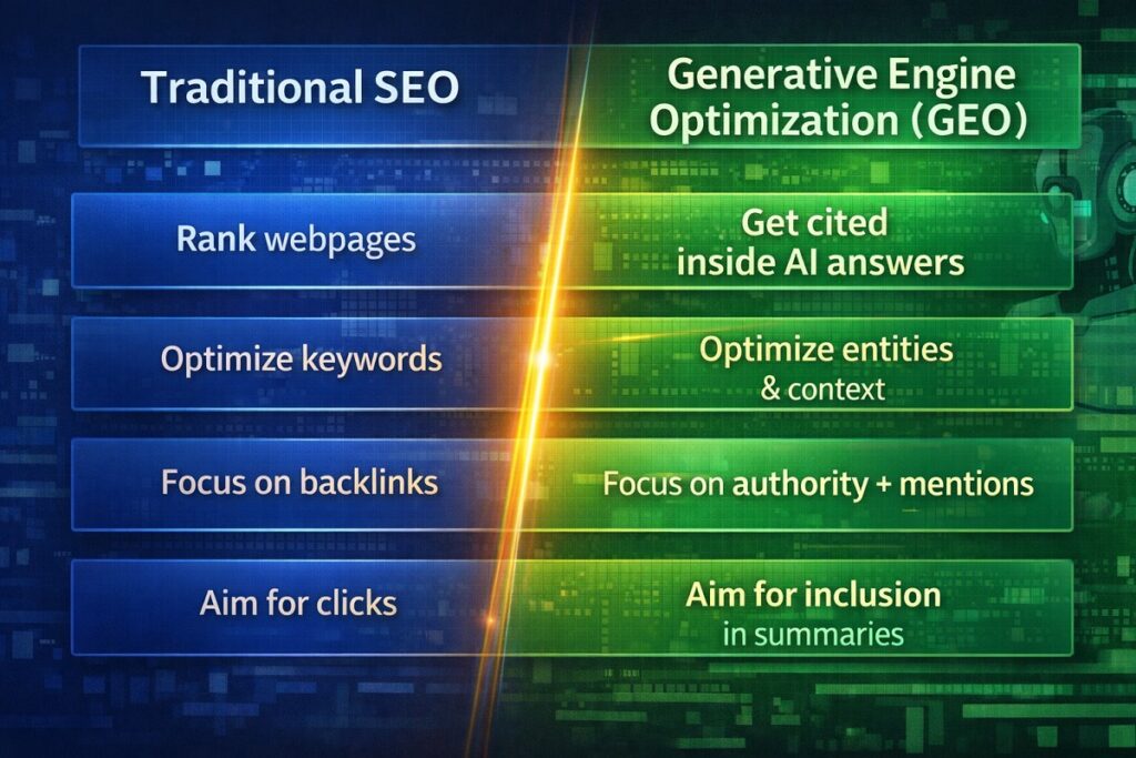 Side-by-side infographic comparing Traditional SEO and Generative Engine Optimization (GEO), highlighting ranking web pages versus getting cited in AI-generated answers, with a blue and green split design and key differences listed in structured boxes.