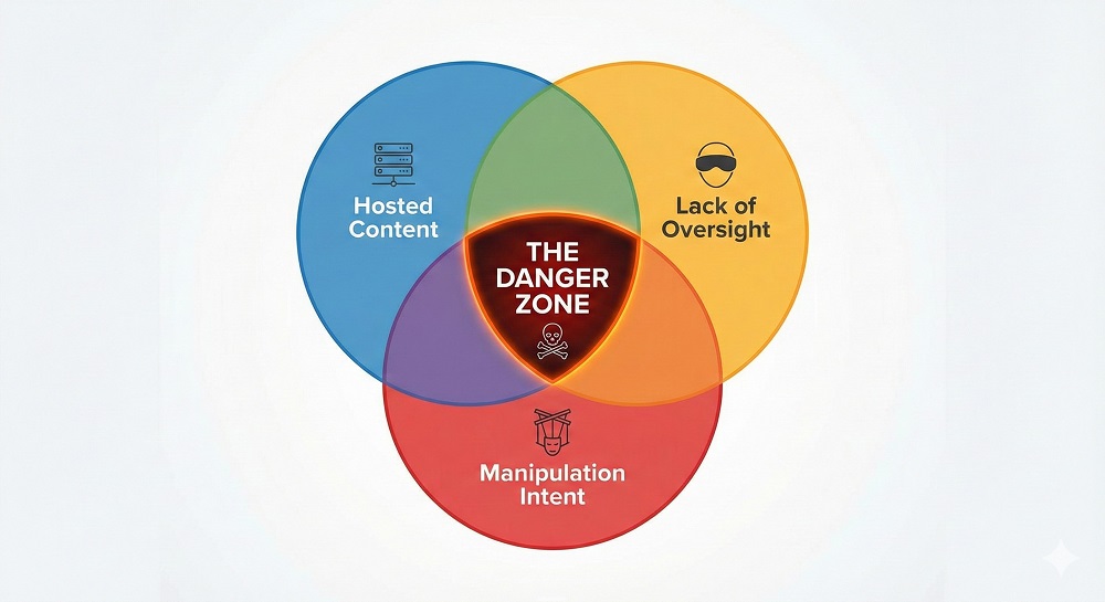 Venn Diagram showing the overlap between Hosted Content, Lack of Oversight, and Manipulation Intent labeling the center The Danger Zone