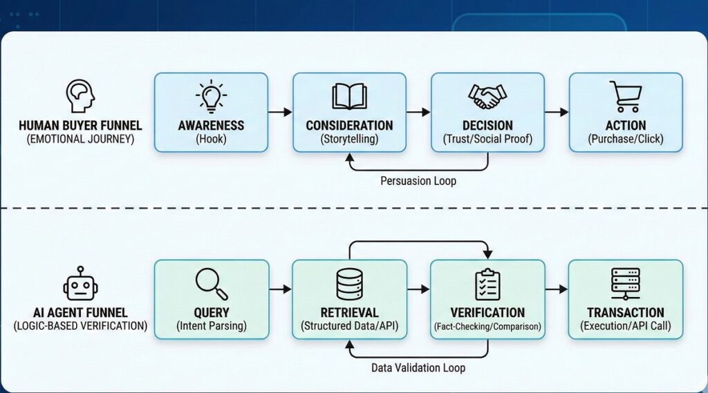 Infographic of The Human vs. Agent Funnel - A "Swimlane" flowchart comparing the emotional human journey vs. the logic-based agent verification process