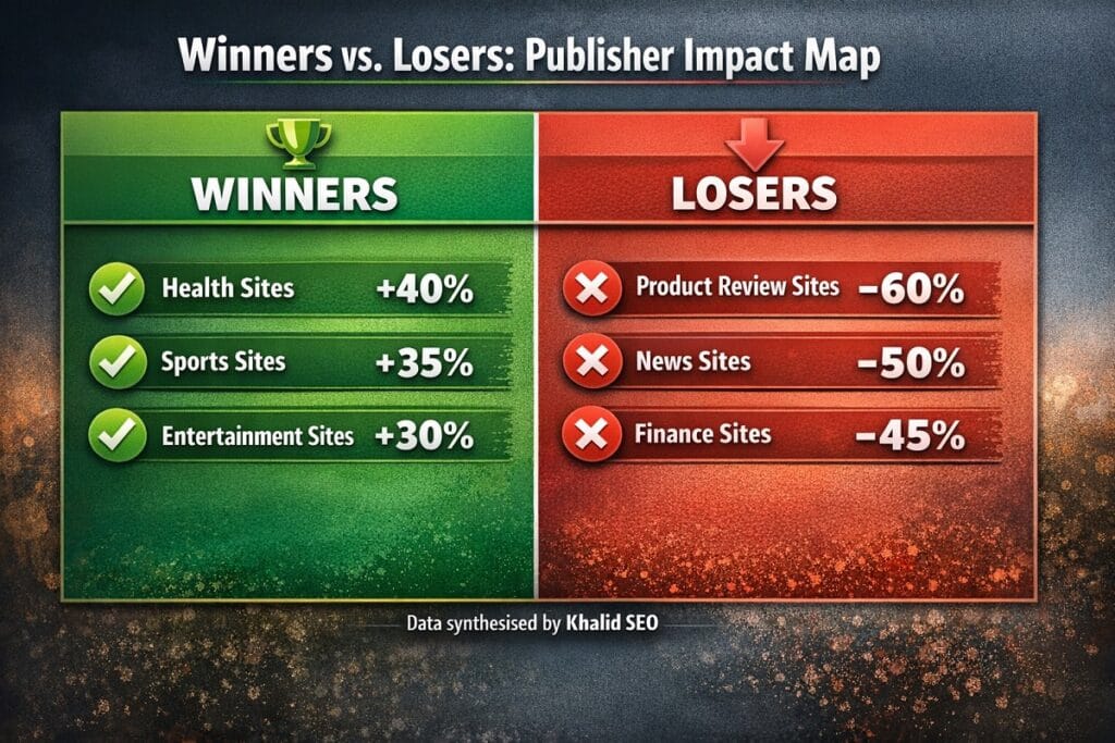Infographic showing winners vs. losers among publishers after a Google Discover update, with health, sports, and entertainment gaining traffic while product reviews, news, and finance see significant declines.