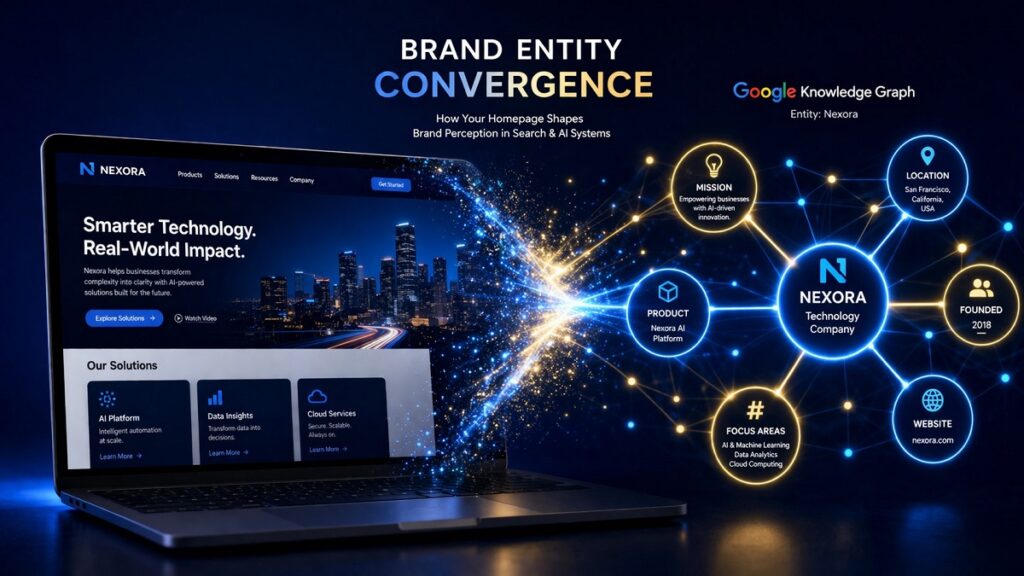 The Entity Home: How One Page Controls Your Brand's Presence in Search, AI, and the Knowledge Graph 1 A brand homepage displayed on a laptop seamlessly merging into a glowing network of interconnected Knowledge Graph nodes, set against a deep navy background with electric blue and gold accents, illustrating how a brandβs website shapes its entity presence in search and AI systems.