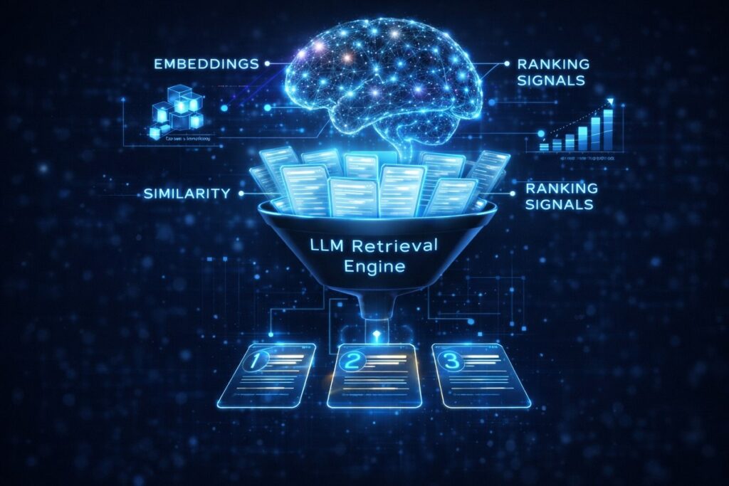 Diagram illustrating the key ranking factors that determine how LLMs retrieve and prioritize content from the web