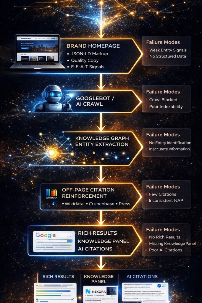 The Entity Home: How One Page Controls Your Brand's Presence in Search, AI, and the Knowledge Graph 2 A vertical flowchart infographic showing how brand signals move from a homepage to search and AI outcomes. It begins with a brand homepage (featuring JSON-LD, quality content, and E-E-A-T signals), followed by Googlebot/AI crawling, Knowledge Graph entity extraction, and off-page citation reinforcement (Wikidata, Crunchbase, press). The flow ends with rich results, a Knowledge Panel, and AI citations. A side column highlights failure modes at each stage, such as weak signals, crawl issues, missing entity recognition, inconsistent citations, and lack of rich results.