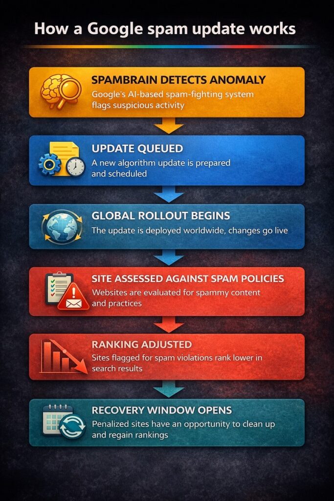 How a Google spam update works infographic showing a horizontal flow from left to right: SpamBrain detects anomaly (amber), update queued (blue), global rollout begins (blue), site assessed against spam policies (coral), ranking adjusted (coral with downward graph), and recovery window opens (teal), connected by arrows on a dark background.