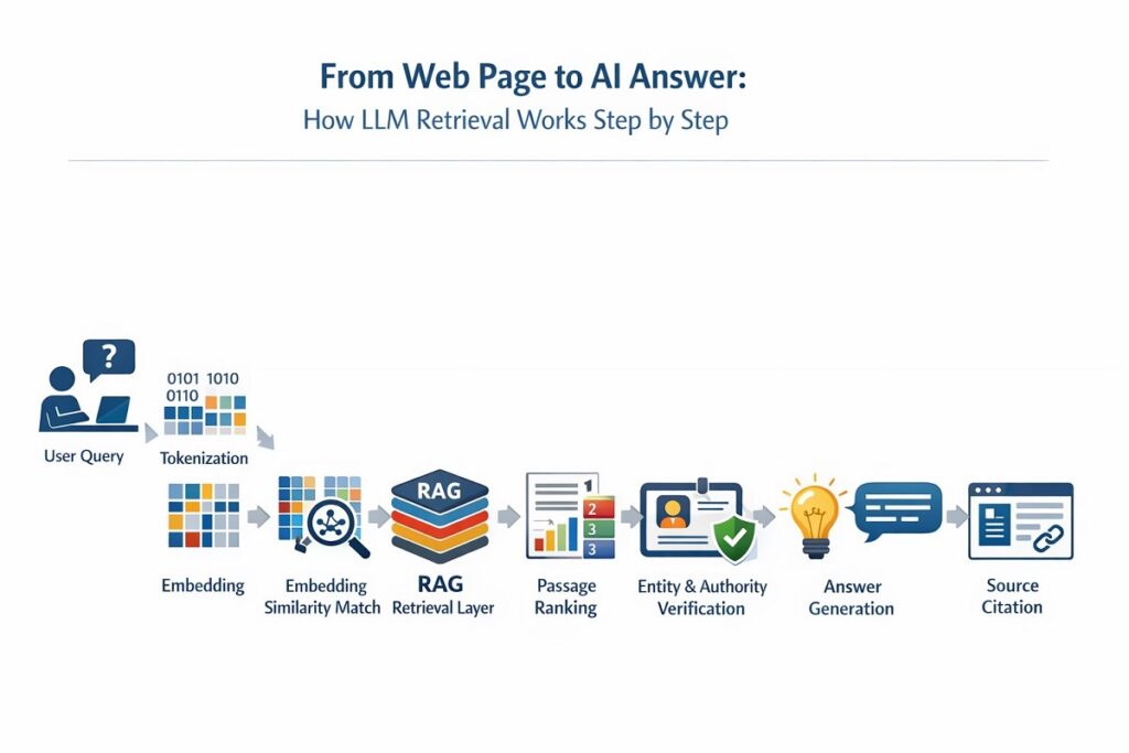Comparison chart of traditional SEO signals versus LLM retrieval signals, highlighting differences like backlinks vs co-citations, keyword density vs semantic proximity, and domain authority vs topical depth.