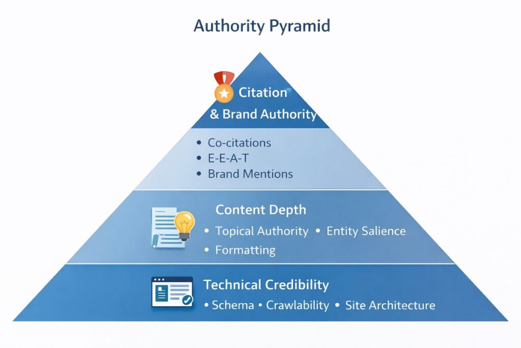 Authority pyramid diagram showing three layers of LLM retrieval ranking factors: technical credibility at the base, content depth in the middle, and citation and brand authority at the top.