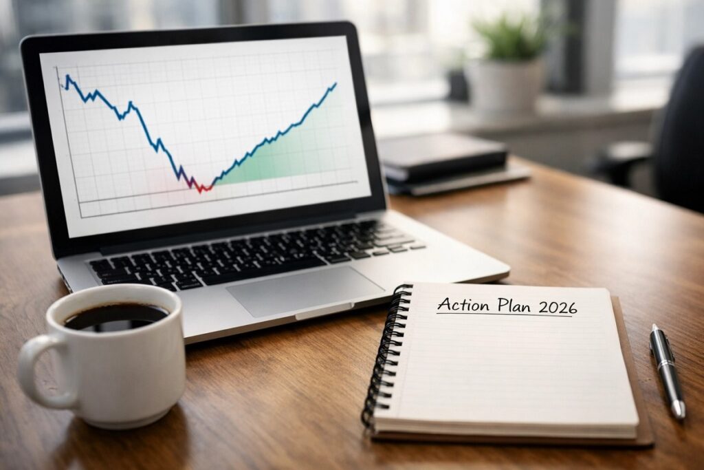 Laptop showing a traffic recovery graph next to an 'Action Plan 2026' notebook