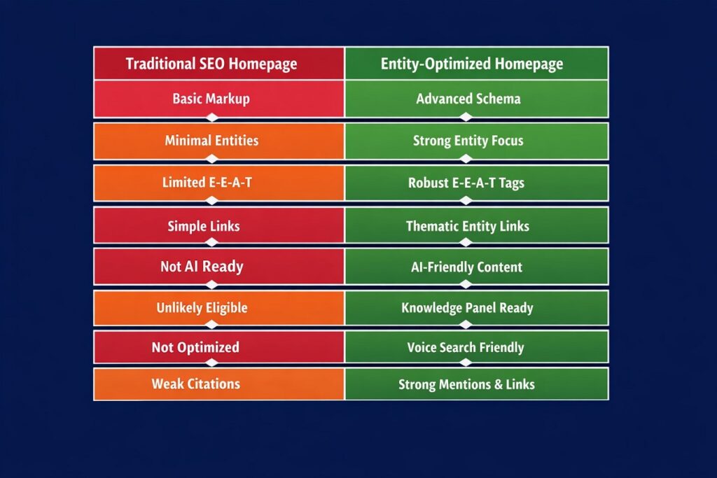 The Entity Home: How One Page Controls Your Brand's Presence in Search, AI, and the Knowledge Graph 3 A two-column comparison infographic contrasting a βTraditional SEO Homepageβ with an βEntity-Optimized Homepageβ across eight attributes. Each row highlights differences in areas like structured data depth, entity signals, E-E-A-T markup, internal linking, AI readiness, Knowledge Panel eligibility, voice search optimization, and off-page citations. The traditional side uses red and amber indicators to show weaker implementation, while the entity-optimized side uses green to represent strong, AI-ready performance.