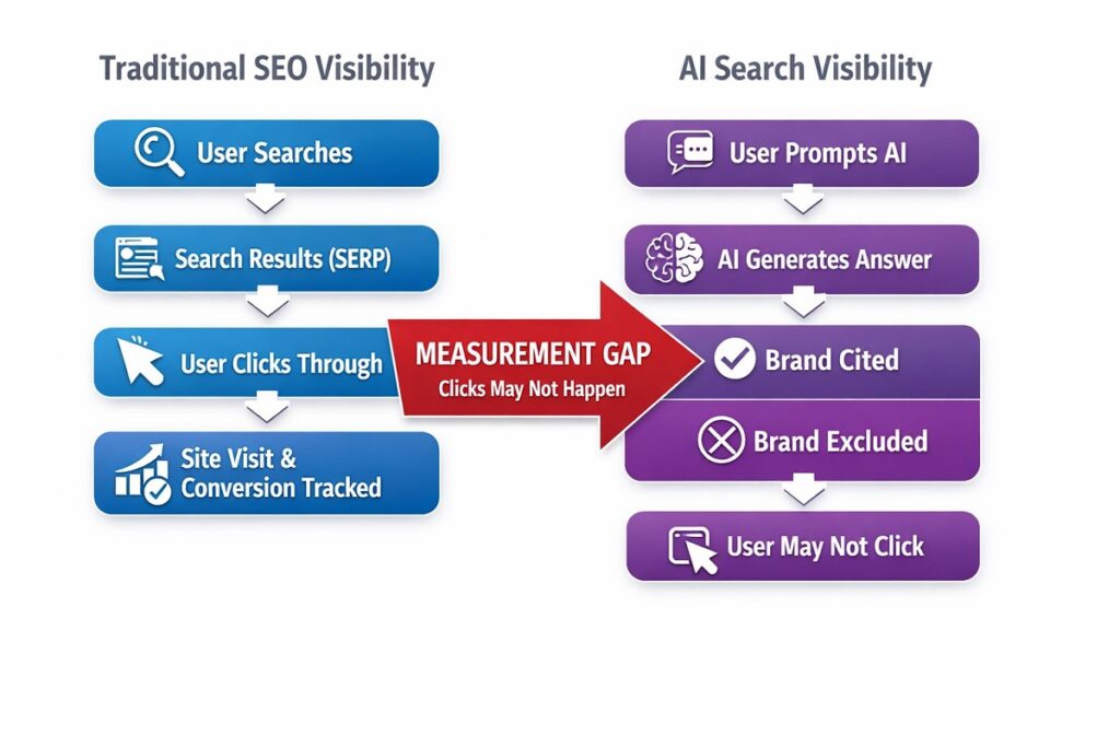 Flowchart comparing traditional SEO clicks and conversions with AI search answers and citations, highlighting a measurement gap where clicks may not happen.