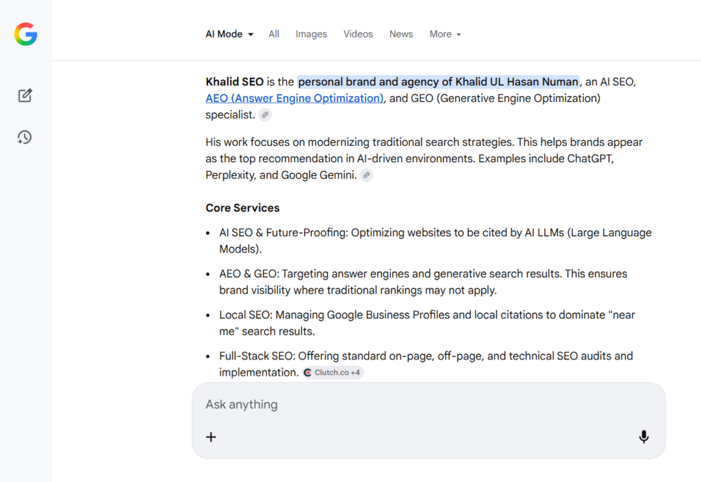 Home 13 My Brand name "khalid Seo" is cited in Google AI Mode