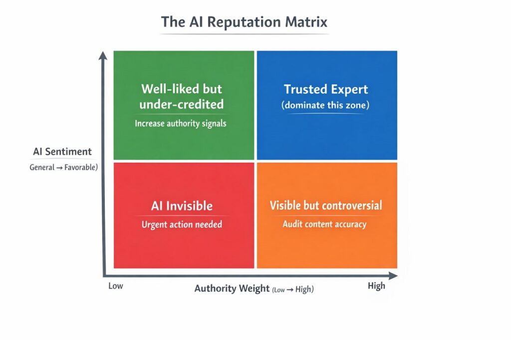 AI Reputation Matrix showing four quadrants: Trusted Expert, Well-liked but under-credited, Visible but controversial, and AI Invisible, mapped by authority and sentiment.