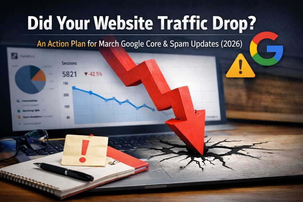 Did Your Traffic Drop? How to Recover From the March 2026 Google Updates 17 Website traffic drop after Google March 2026 update with declining analytics graph and warning visuals