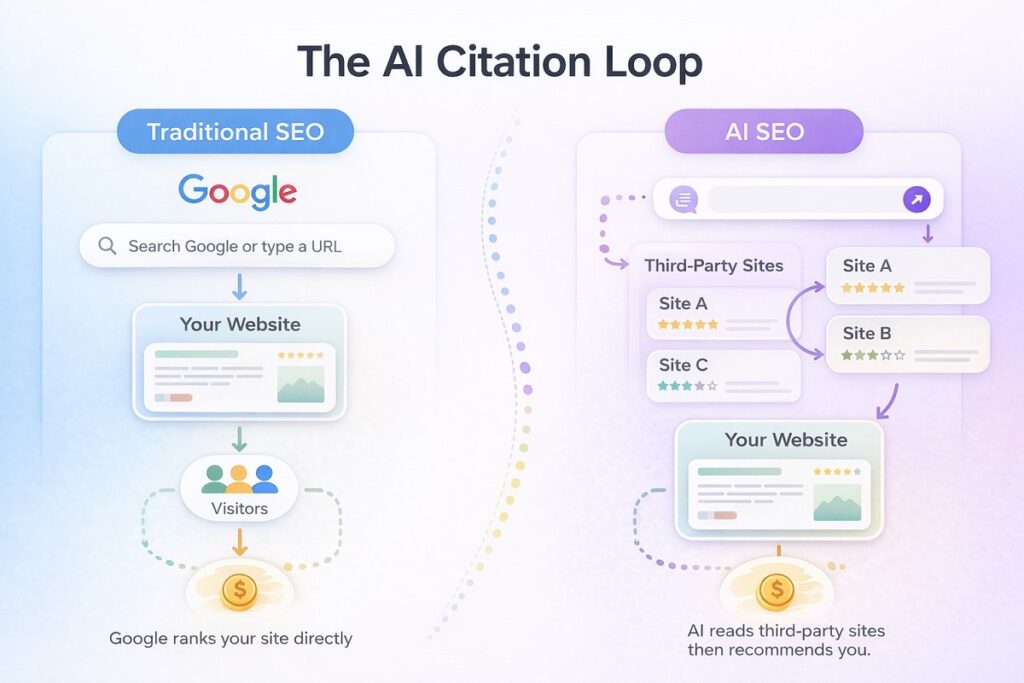 AI SEO vs traditional SEO flowchart showing citation loop